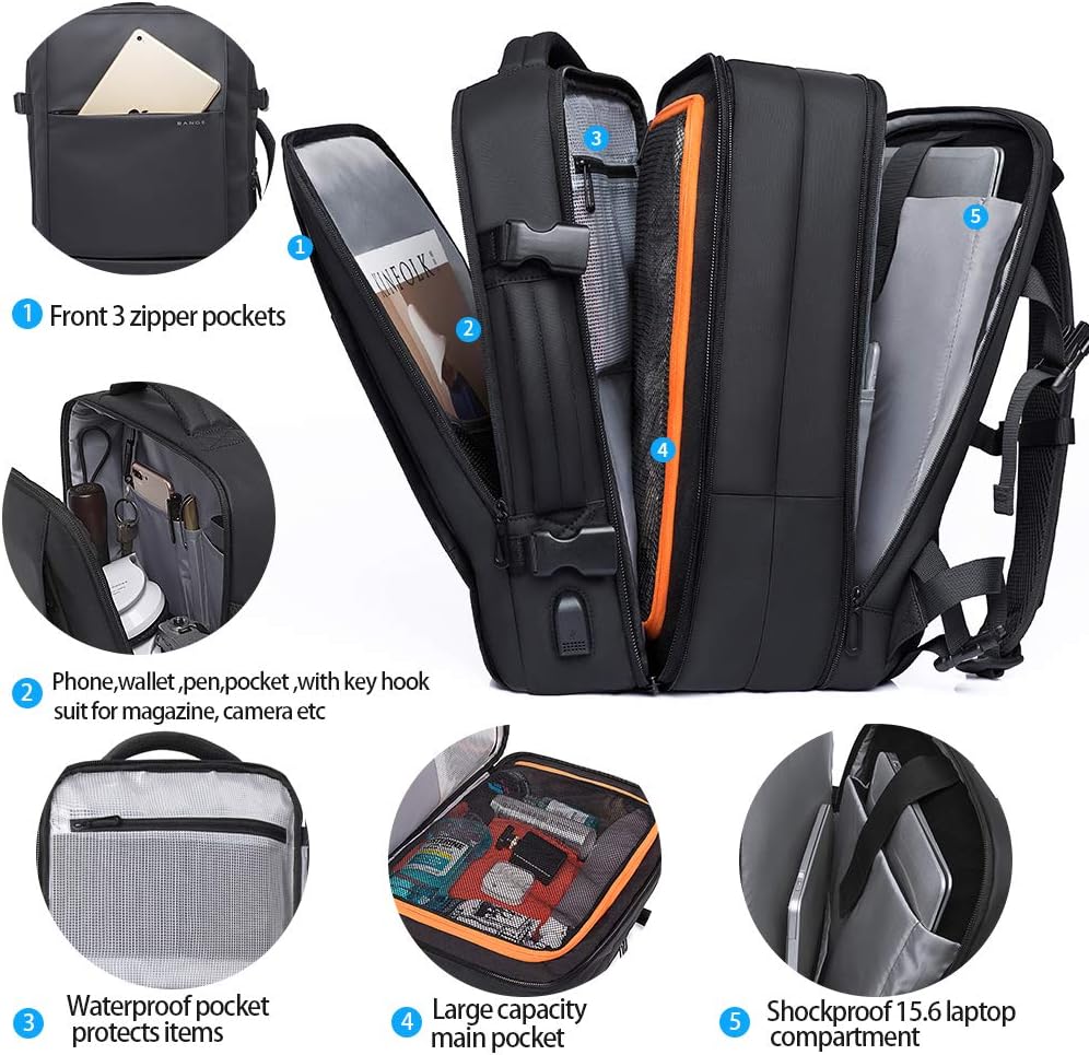 BANGE 1908P Weekender Carry-on Backpack,45L Expandable Travel Backpacks for Airplanes,Convertible Backpack Briefcase for Traveling,Water Resistant 17.3” Laptop Backpack for Men & Women