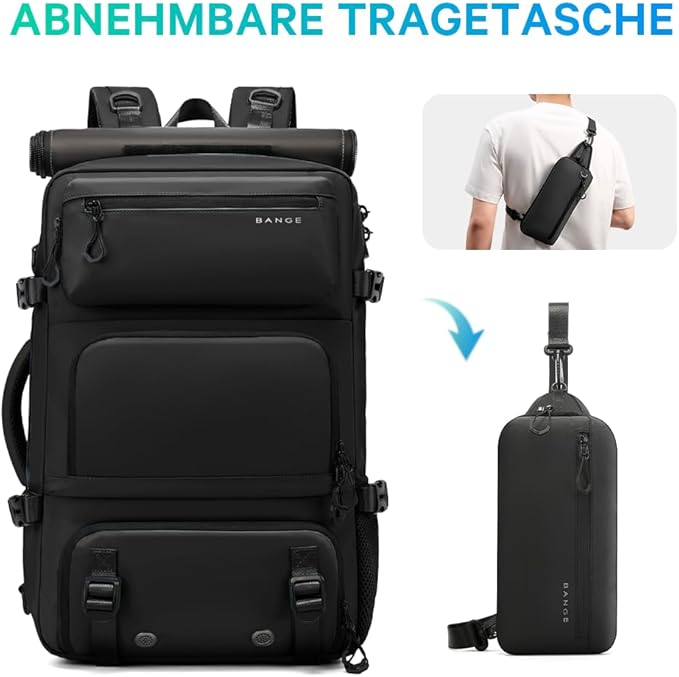 BANGE 1810 Anti-Theft backpack 3 in 1 carry on backpack with Detachable Sling bag and Shoe Compartment, Water Resistant Business Overnight Travel Backpacks for men women, Black, L