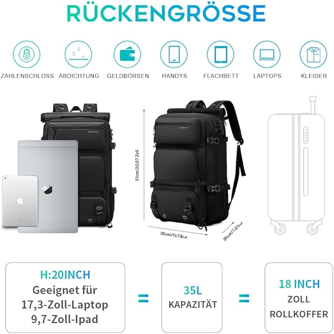 BANGE 1810 Anti-Theft backpack 3 in 1 carry on backpack with Detachable Sling bag and Shoe Compartment, Water Resistant Business Overnight Travel Backpacks for men women, Black, L
