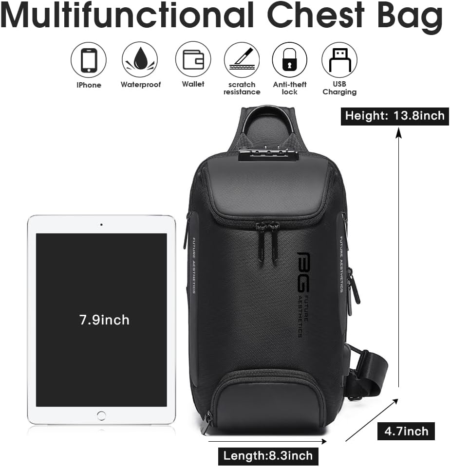 BANGE 7082 Anti theft Sling Backpack with Lock, Men's Sling Bag for Men, Shoulder Crossbody Backpack with USB Charging Port for Men and Women