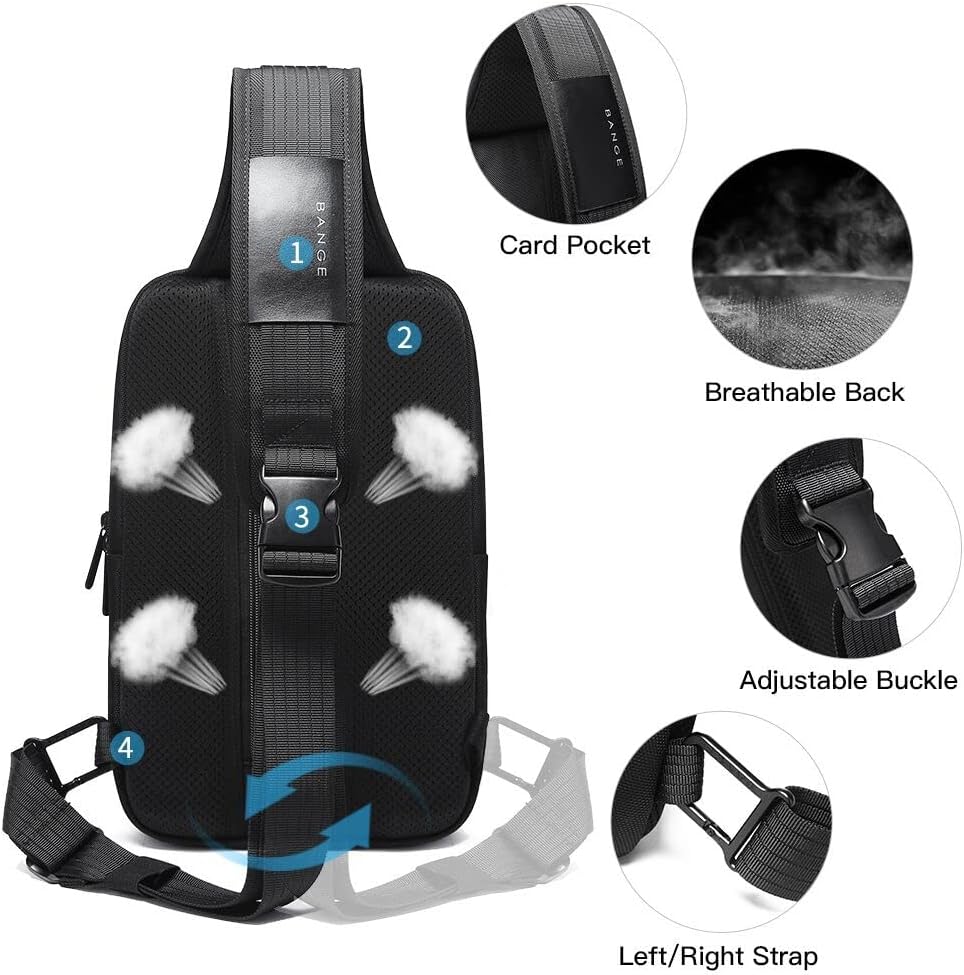 BANGE 7082 Anti theft Sling Backpack with Lock, Men's Sling Bag for Men, Shoulder Crossbody Backpack with USB Charging Port for Men and Women