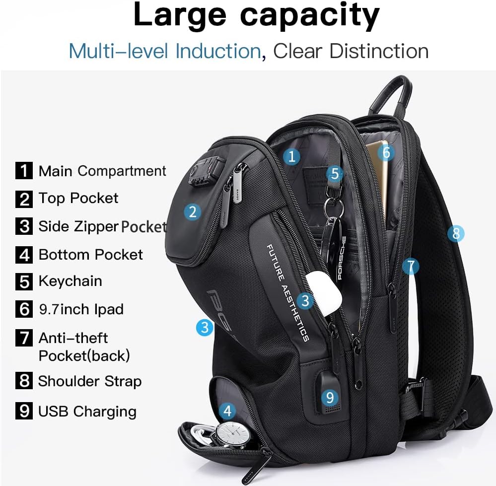 BANGE 7082 Anti theft Sling Backpack with Lock, Men's Sling Bag for Men, Shoulder Crossbody Backpack with USB Charging Port for Men and Women