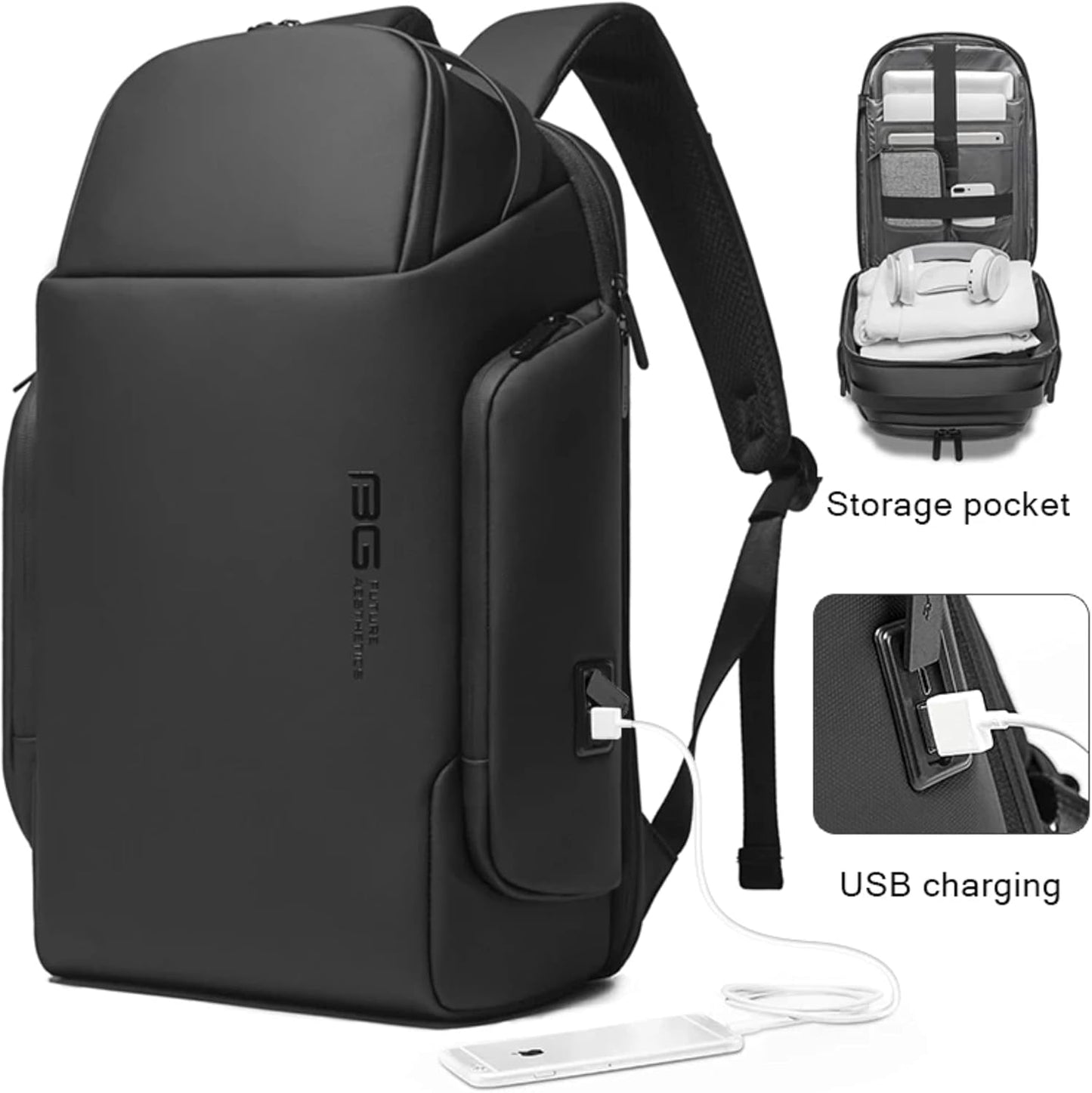 BANGE 7277 Smart Trendy 20L Durable Oxford Backpacks Anti-Theft USB Waterproof 1.2KG W 15.6in Laptop School Travel Black Bags