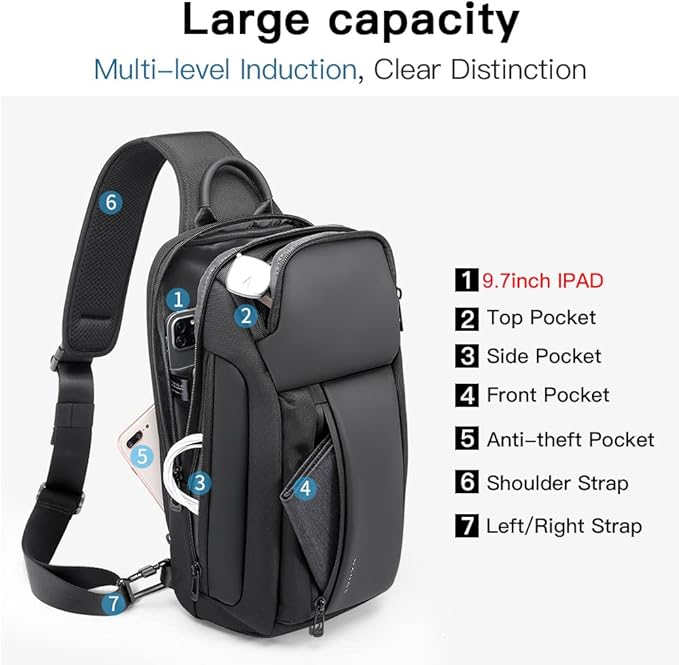 BANGE 7566 Sling Bag, Waterproof Men's Chest Bag Shoulder bags Crossbody Sling Backpack for Men