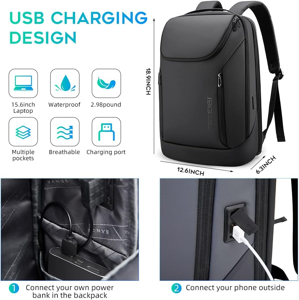 BANGE 2517 Business Smart Backpack Waterproof fit 15.6 Inch Laptop Backpack with USB Charging Port,Travel Durable Backpack