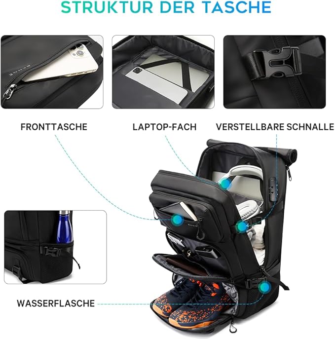 BANGE 1810 Anti-Theft backpack 3 in 1 carry on backpack with Detachable Sling bag and Shoe Compartment, Water Resistant Business Overnight Travel Backpacks for men women, Black, L