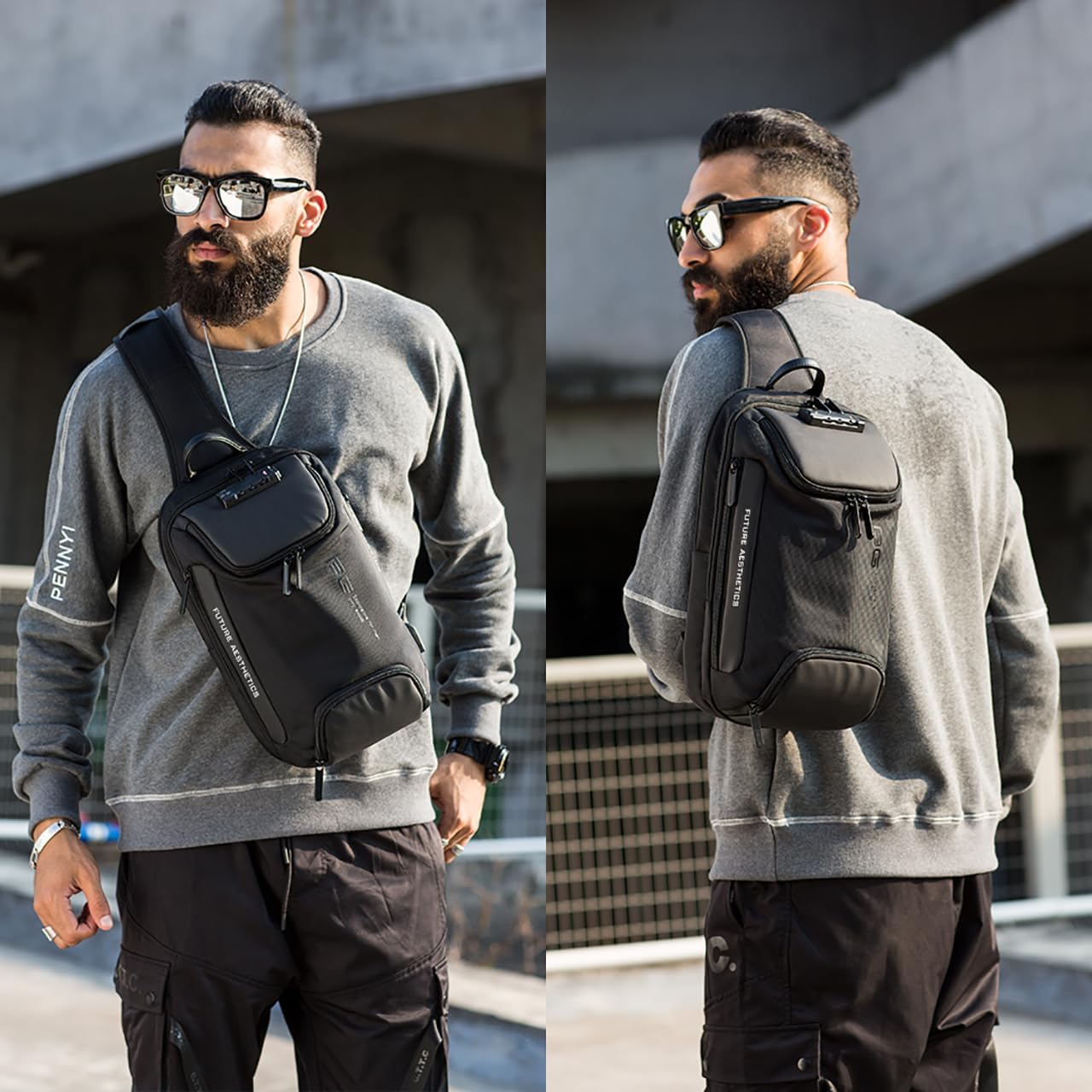 BANGE 7082 Anti theft Sling Backpack with Lock, Men's Sling Bag for Men, Shoulder Crossbody Backpack with USB Charging Port for Men and Women