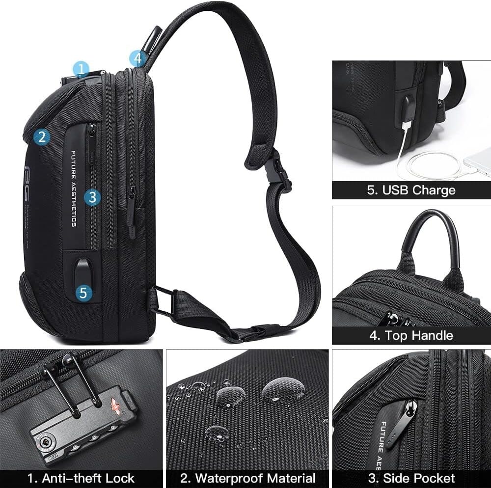 BANGE 7082 Anti theft Sling Backpack with Lock, Men's Sling Bag for Men, Shoulder Crossbody Backpack with USB Charging Port for Men and Women